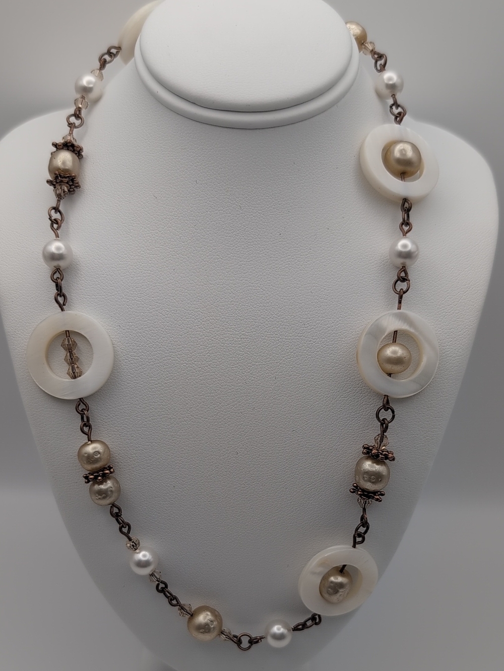 Handmade White & Cream Antique Pearl & Shell Bead Necklace 17"
